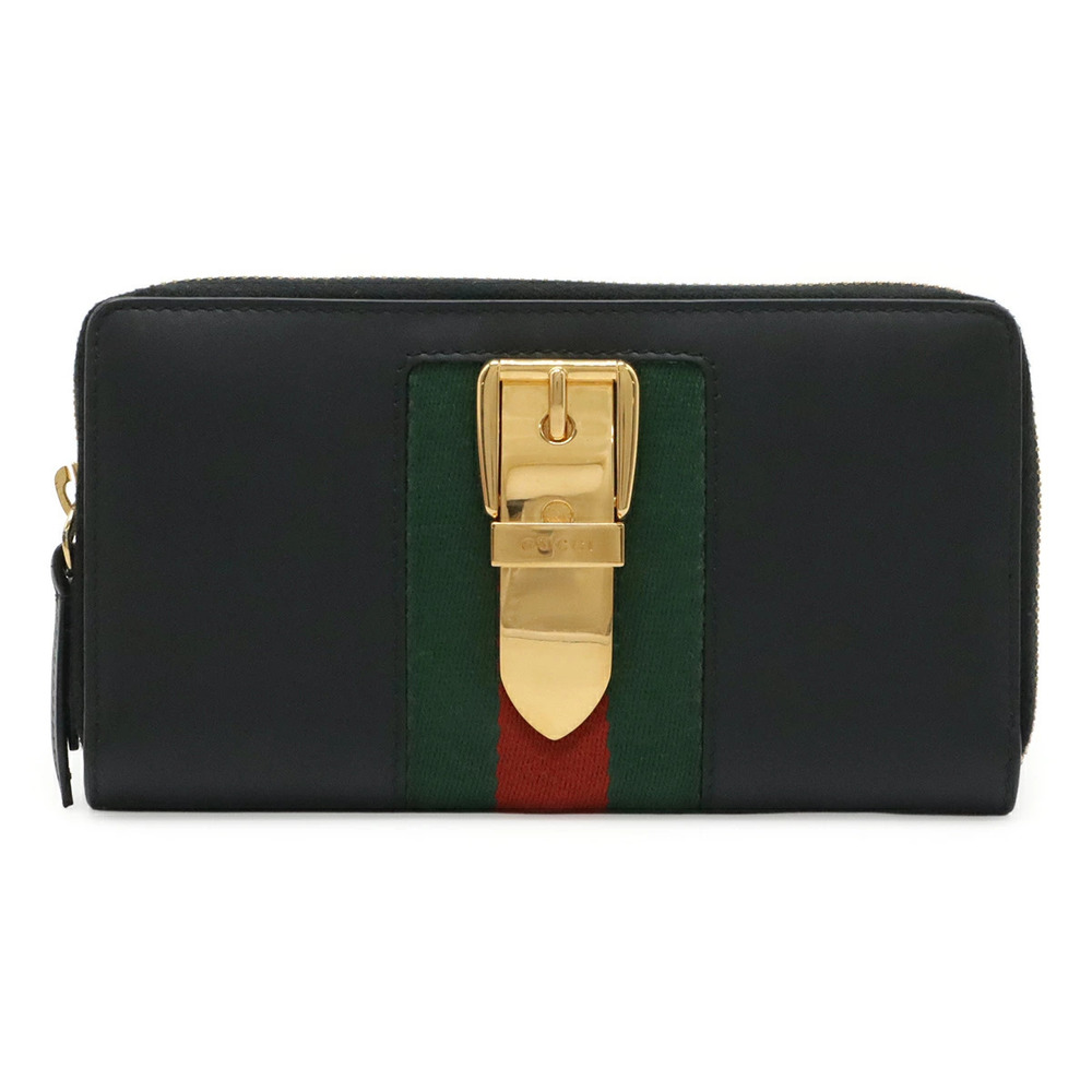 Gucci Sylvie Zip Around Wallet Round Zipper Long Leather Black
